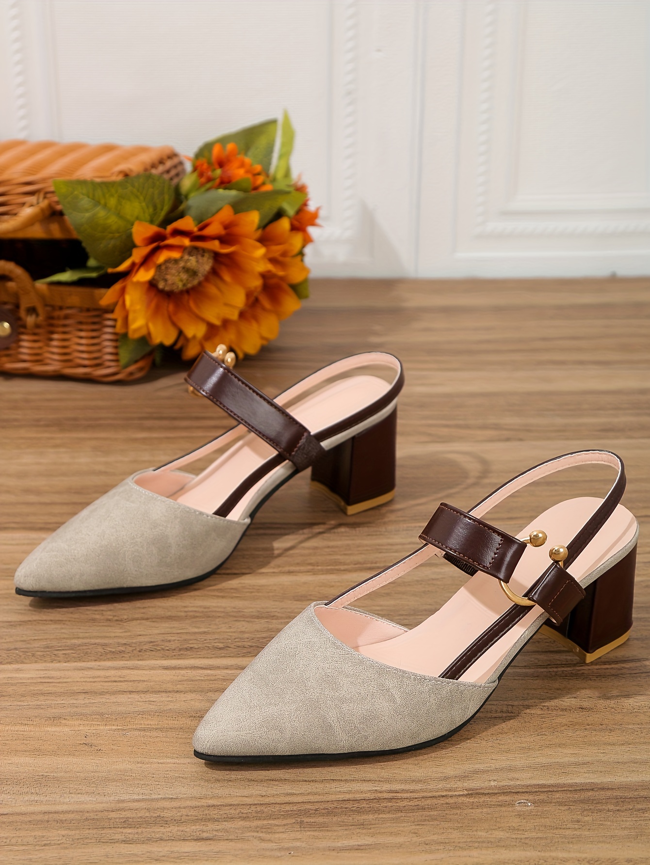 womens pointed toe block high heel sandals fashion solid color slingback shoes versatile mid heels details 6