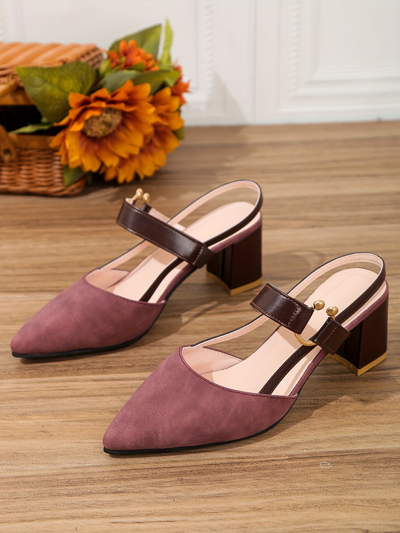 womens pointed toe block high heel sandals fashion solid color slingback shoes versatile mid heels details 8