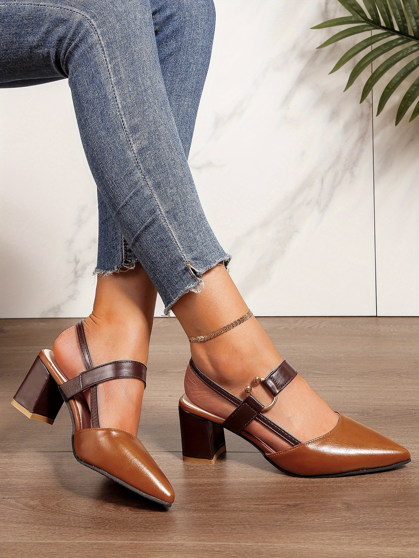 womens pointed toe block high heel sandals fashion solid color slingback shoes versatile mid heels details 17