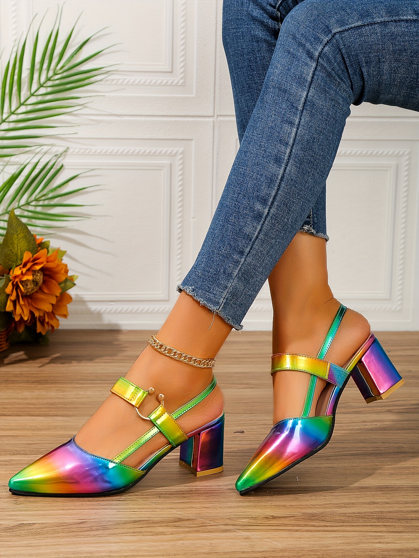 womens pointed toe block high heel sandals fashion solid color slingback shoes versatile mid heels details 20