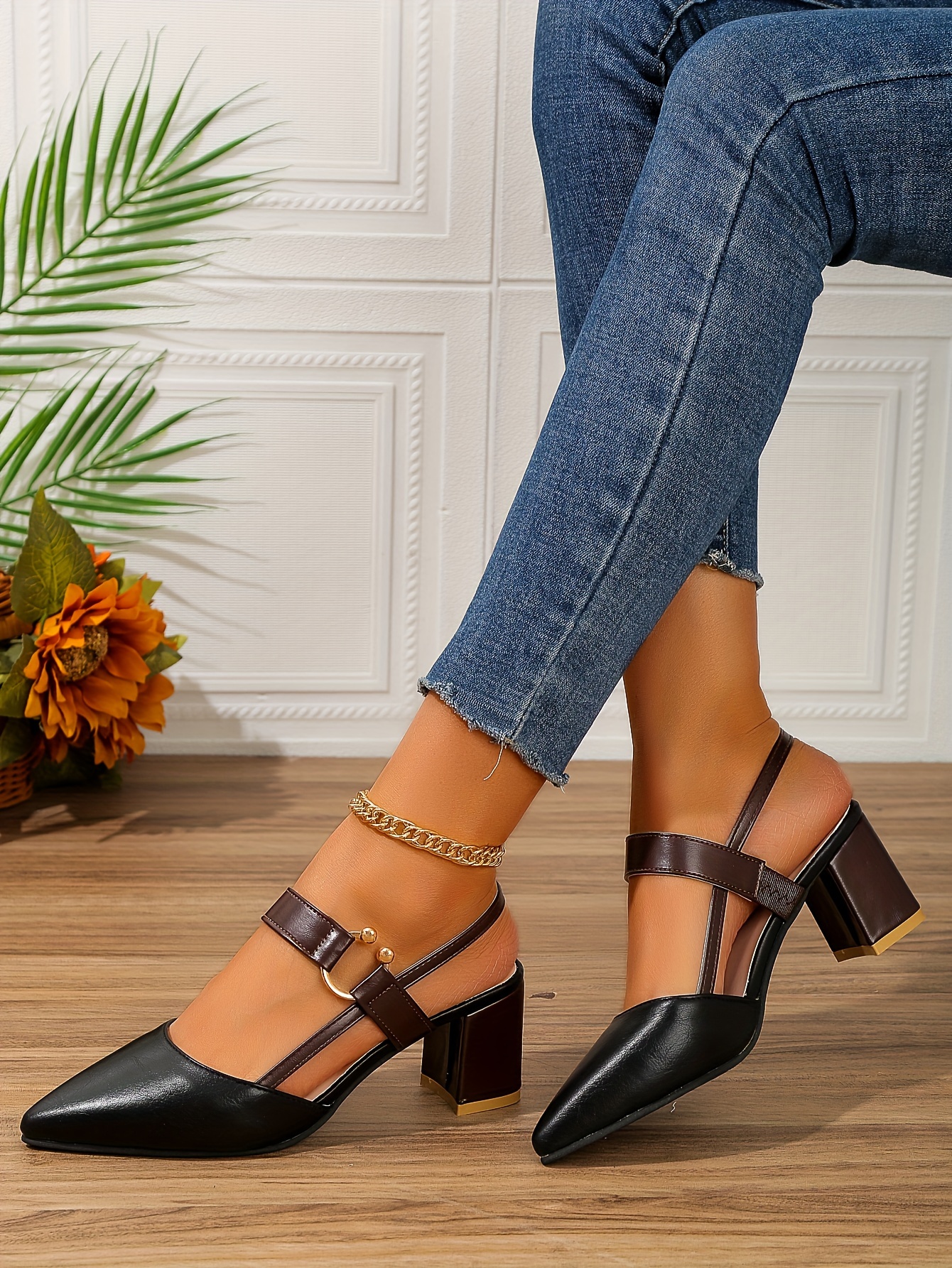 womens pointed toe block high heel sandals fashion solid color slingback shoes versatile mid heels details 34