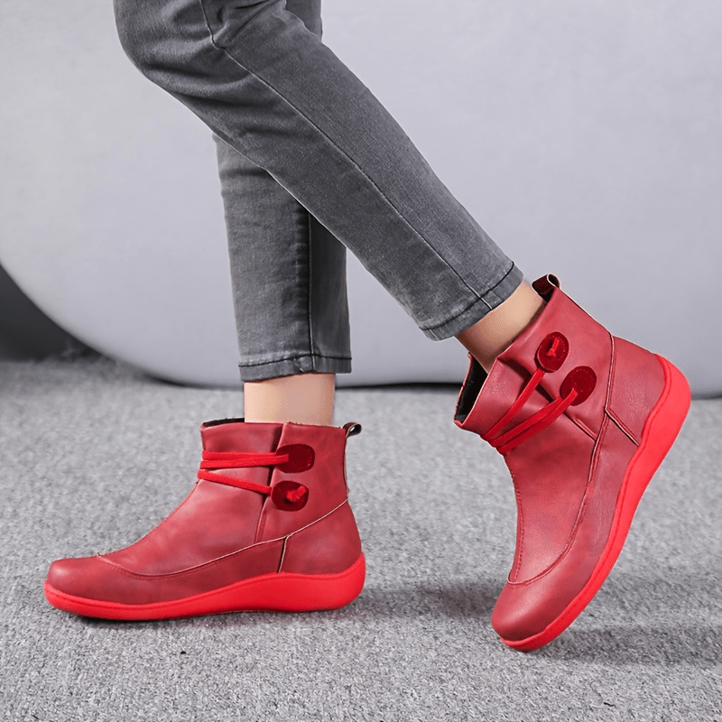 womens retro ankle boots solid color slip on faux leather flat boots womens footwear details 7