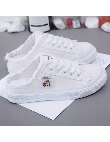 Women's Solid Canvas Slippers, Platform Round Toe All-match Lace Up Breathable Slip On Shoes, Women's Footwear