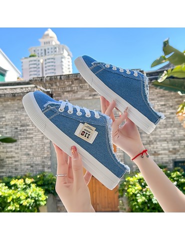 Women's Solid Canvas Slippers, Platform Round Toe All-match Lace Up Breathable Slip On Shoes, Women's Footwear