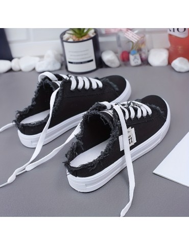 Women's Solid Color Canvas Shoes, Slip On Lace Up Round Toe Non-slip Half Drag Casual Slides Shoes, Comfy Outdoor Shoes
