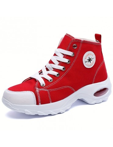 Women's Leisure Air Cushion Sneakers, Thick Bottom Mid Top Breathable Canvas Shoes, Women's Casual Shoes