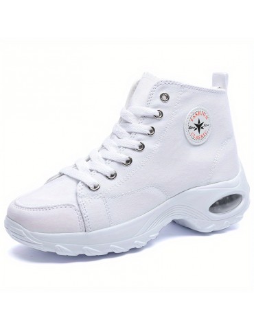 Women's Leisure Air Cushion Sneakers, Thick Bottom Mid Top Breathable Canvas Shoes, Women's Casual Shoes