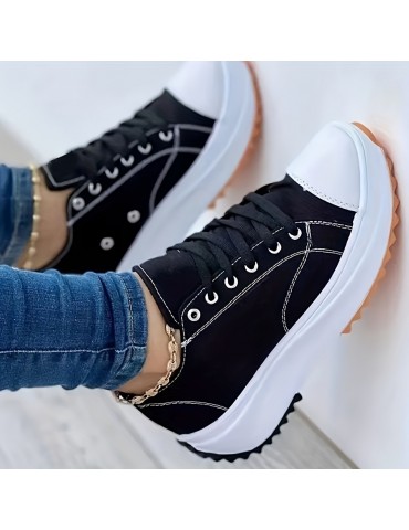 Women's Platform Canvas Sneakers, Casual Solid Color Lace Up Trainers, All-Match Walking Sports Shoes