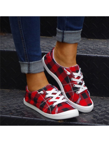 Women's Plaid Pattern Sneakers, Low Top Lace Up Flat Canvas Shoes, Casual & Comfortable Walking Shoes