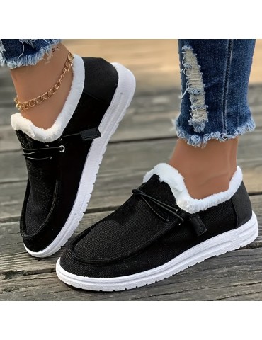 Women's Solid Color Lined Shoes, Slip On Fluffy Warm Flat Non-slip Canvas Shoes, Plush Winter Comfy Shoes