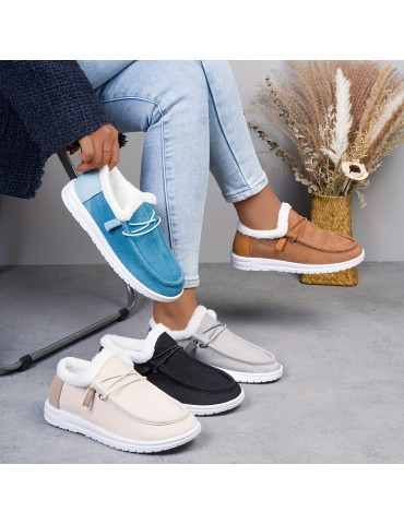Women's Solid Color Lined Shoes, Slip On Fluffy Warm Flat Non-slip Canvas Shoes, Plush Winter Comfy Shoes