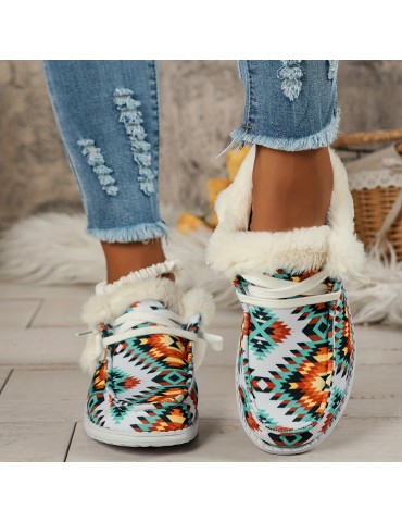 Women's Geometric Pattern Canvas Shoes, Casual Lace Up Plush Lined Shoes, Comfortable Low Top Sneakers