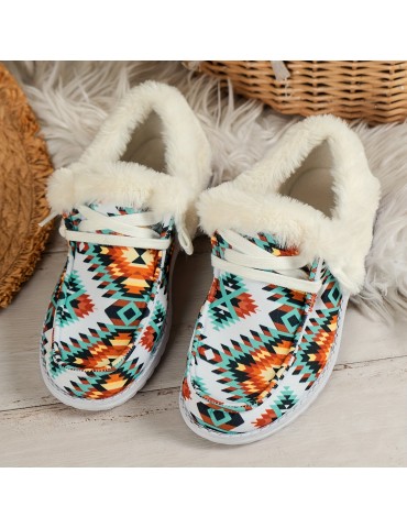 Women's Geometric Pattern Canvas Shoes, Casual Lace Up Plush Lined Shoes, Comfortable Low Top Sneakers