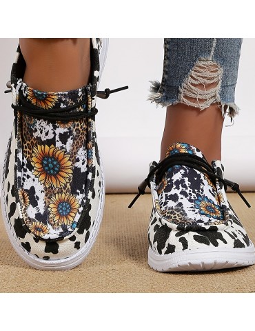 Women's Sunflower Print Canvas Shoes, Lightweight Low Top Lace Up Shoes, Women's Fashion Walking Shoes