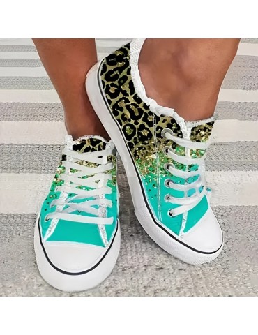 Women's Rhinestone & Leopard Decor Canvas Shoes, Low Top Lace Up Slip-on Shoes, Casual & Lightweight Shoes