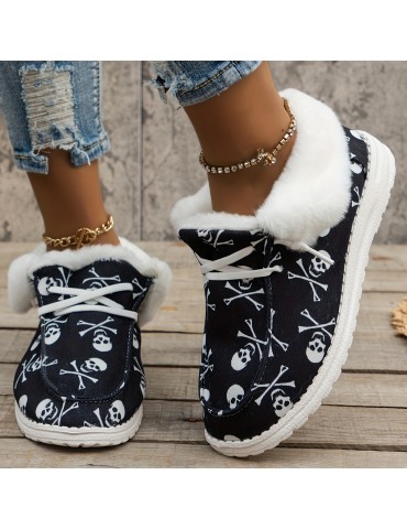 Women's Fluffy Fleece Lined Canvas Shoes, Thermal Slip On Low Top Shoes, Winter Warm Flat Shoes