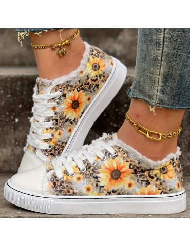 Women's Sunflower Print Canvas Shoes, Casual Lace Up Outdoor Shoes, Lightweight Low Top Walking Shoes