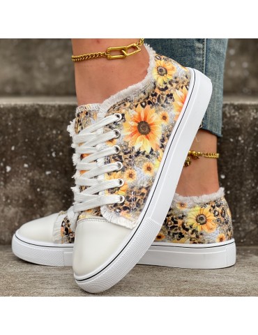 Women's Sunflower Print Canvas Shoes, Casual Lace Up Outdoor Shoes, Lightweight Low Top Walking Shoes