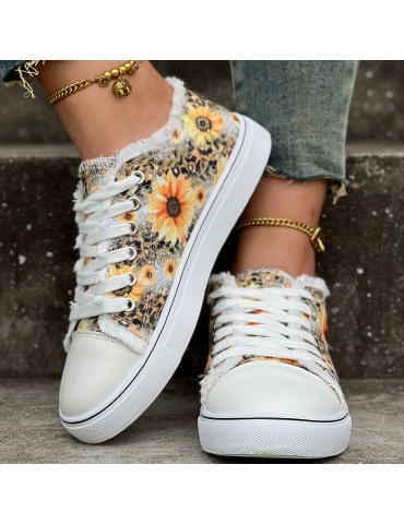Women's Sunflower Print Canvas Shoes, Casual Lace Up Outdoor Shoes, Lightweight Low Top Walking Shoes