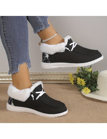 Women's Plush Lined Canvas Shoes, Warm & Cozy Slip On Snow Boots, Thermal Winter Ankle Boots