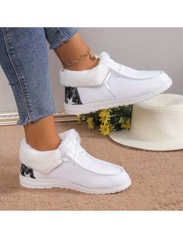 Women's Plush Lined Canvas Shoes, Warm & Cozy Slip On Snow Boots, Thermal Winter Ankle Boots