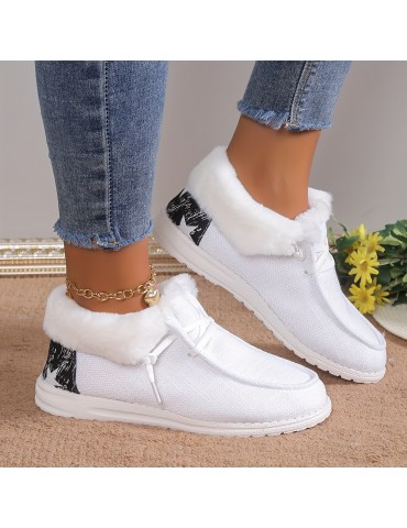 Women's Plush Lined Canvas Shoes, Warm & Cozy Slip On Snow Boots, Thermal Winter Ankle Boots