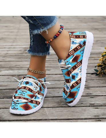 Women's Geometric Pattern Canvas Shoes, Casual Lace Up Outdoor Shoes, Lightweight Low Top Sneakers