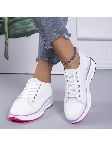 Women's Solid Color Casual Sneakers, Lace Up Platform Soft Sole Sporty Trainers, Breathable Low-top Skate Shoes