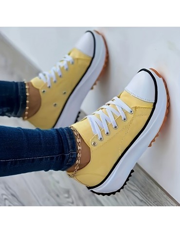 Women's Solid Color Casual Sneakers, Lace Up Platform Soft Sole Sporty Trainers, Breathable Low-top Skate Shoes