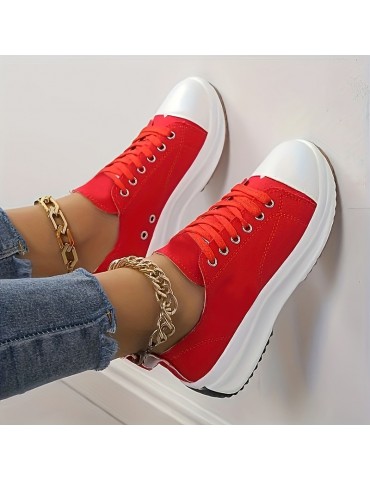 Women's Solid Color Casual Sneakers, Lace Up Platform Soft Sole Sporty Trainers, Breathable Low-top Skate Shoes