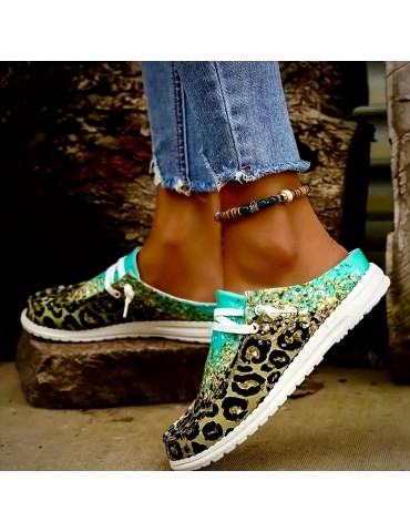 Women's Leopard Print Canvas Shoes, Fashion Round Toe Low Top Slip On Loafers, Casual Flat Sneakers
