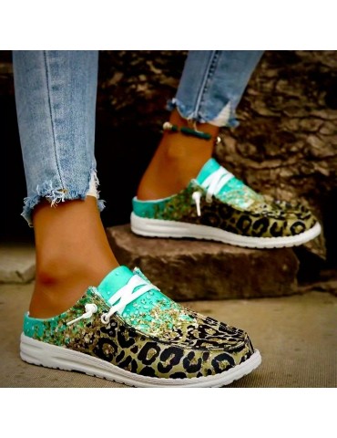 Women's Leopard Print Canvas Shoes, Fashion Round Toe Low Top Slip On Loafers, Casual Flat Sneakers