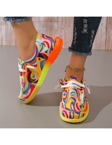 Women's Abstract Color Canvas Shoes, Casual Lace Up Outdoor Shoes, Lightweight Low Top Shoes