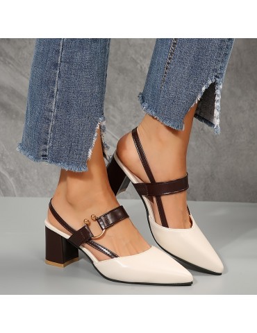 Women's Chunky Heeled Sandals, Two Tone Pointed Toe Slip On Mid Heels, All-Match Slingback Sandals