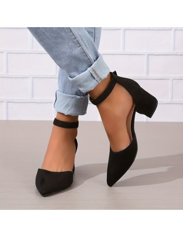 Women's D'Orsay Chunky Mid Heels, Solid Color Pointed Toe Ankle Strap Sandals, Versatile Fashion Sandals
