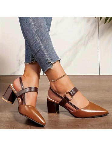 Women's Colorblock Sandals, Ankle Buckle Strap Comfy Block Heel Shoes, Trendy Point Toe Shoes