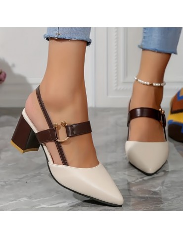 Women's Colorblock Sandals, Ankle Buckle Strap Comfy Block Heel Shoes, Trendy Point Toe Shoes