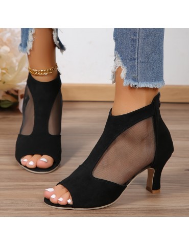 Women's Breathable Mesh Chunky Heel Sandals, Fashion Open Toe Dress Pumps, Stylish Back Zipper Sandals