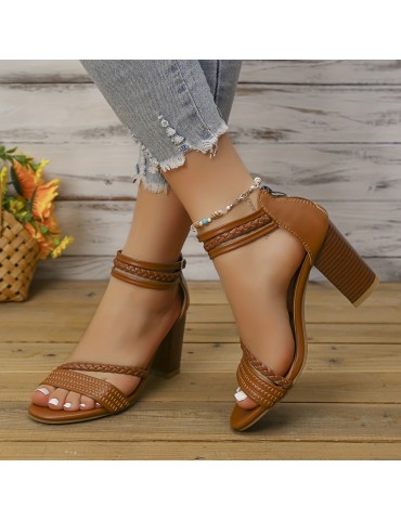 Women's Block Heeled Sandals, Braided Strap Peep Toe Ankle Strap Zipper High Heels, Fashion Stacked Heeled Sandals