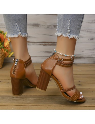 Women's Block Heeled Sandals, Braided Strap Peep Toe Ankle Strap Zipper High Heels, Fashion Stacked Heeled Sandals