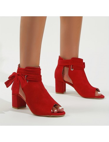 Women's Bowknot Design Sandals, Peep Toe Side Cut Out Solid Color Chunky Heel Shoes, Summer Holiday Dress Shoes