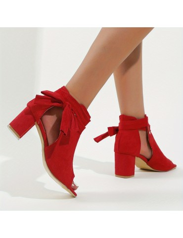 Women's Bowknot Design Sandals, Peep Toe Side Cut Out Solid Color Chunky Heel Shoes, Summer Holiday Dress Shoes