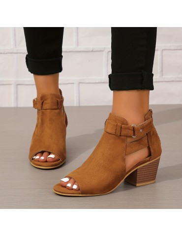 Women's Chunky Heeled Sandals, Peep Toe Solid Color Cut-out Back Zipper Low Heels, Retro Stacked Heeled Sandals