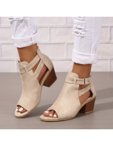 Women's Chunky Heeled Sandals, Peep Toe Solid Color Cut-out Back Zipper Low Heels, Retro Stacked Heeled Sandals