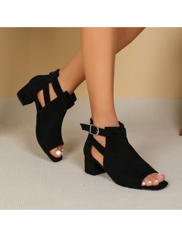 Women's Solid Color Chunky Heel Sandals, Fashion Square Toe Back Zipper Sandals, Comfortable Buckle Strap Summer Shoes