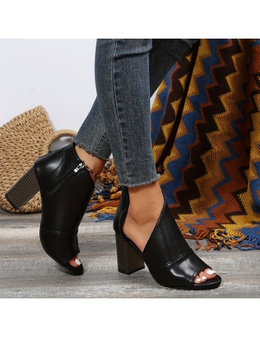 Women's Block Heeled Sandals, Fashion Peep Toe Side Zipper Pumps, Comfortable Summer Sandals