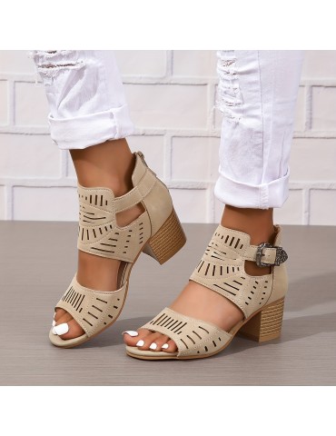 Women's Chunky Heeled Sandals, Peep Toe Perforated Ankle Buckle Strap Mid Heels, Back Zipper Design Sandals