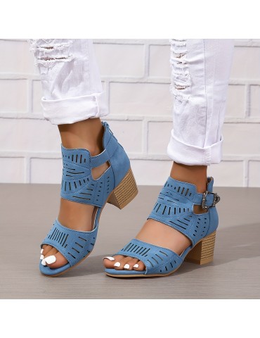 Women's Chunky Heeled Sandals, Peep Toe Perforated Ankle Buckle Strap Mid Heels, Back Zipper Design Sandals