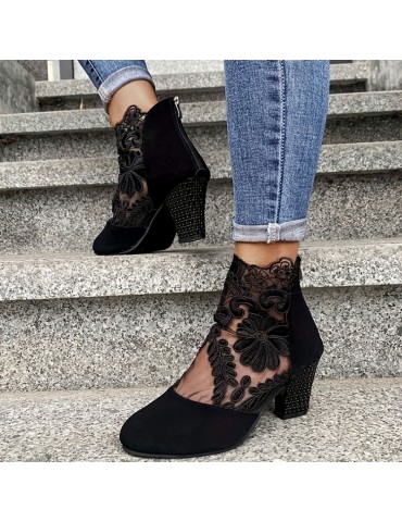 Women's Block Heeled Sandals, Trendy Lace Back Zipper Pumps, Fashion Versatile Dress Heels