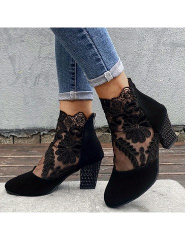 Women's Block Heeled Sandals, Trendy Lace Back Zipper Pumps, Fashion Versatile Dress Heels